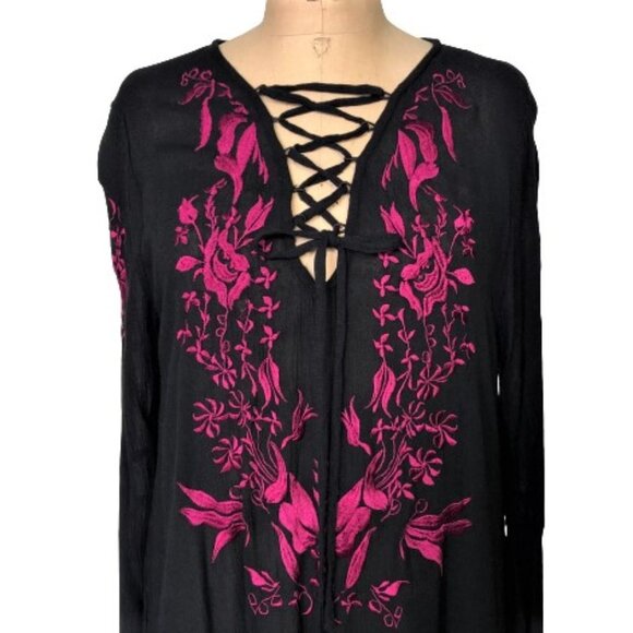 California Moonrise boho hippie embroidered bell sleeves lace up dress - Picture 11 of 14